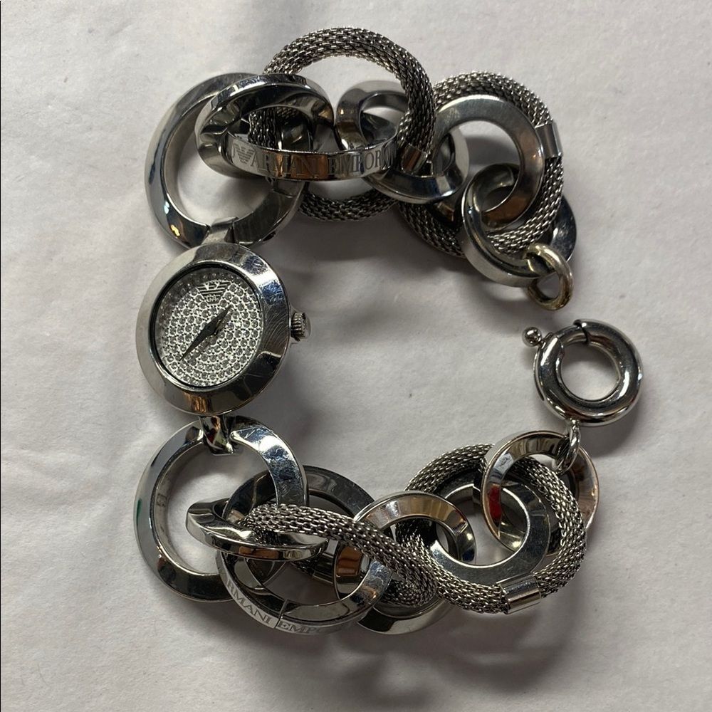 Emporio Armani Silver  Circles W Bling Face Chain Bracelet Watch